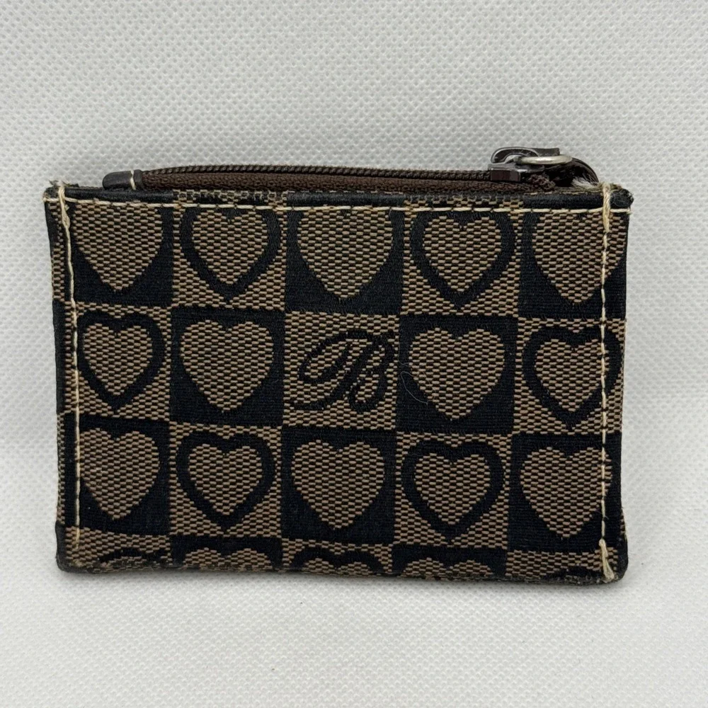 Brighton Coin Change Purse Pocket Card Holder Brown Heart Canvas/Leather Zip 4x3